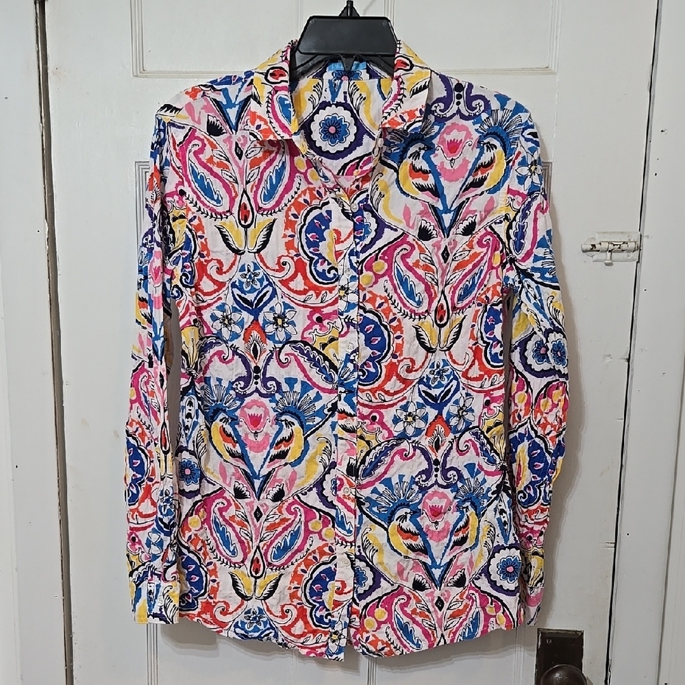 J. McLaughlin Lois Boho PAISLEY Floral BUTTON Womens Collared SHIRT TOP BLOUSE S